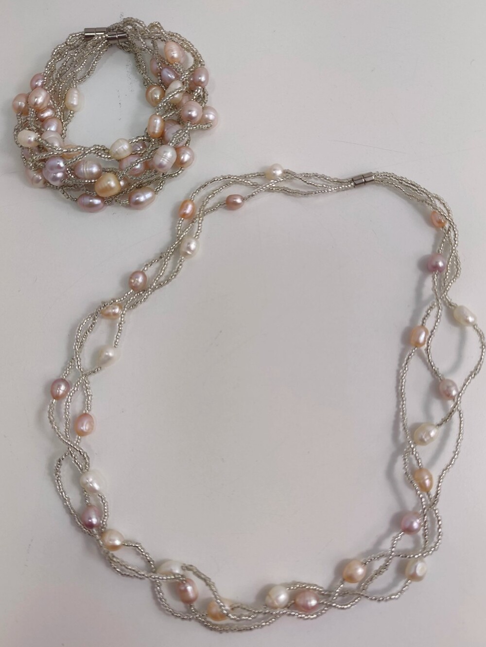 Baroque Freshwater Pearl Necklace & 3 Bracelet Set Multicolor Pink White
